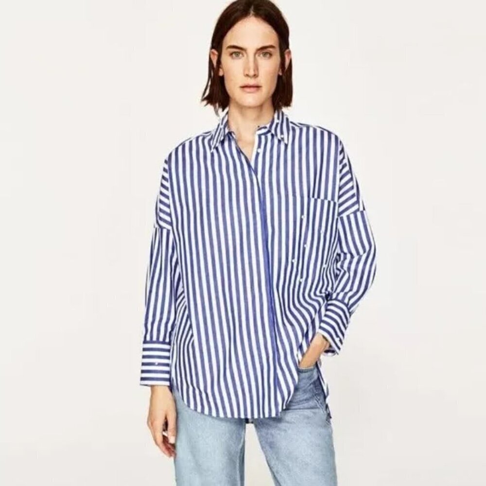 Zara Oversized Pearl Striped Button Down Shirt